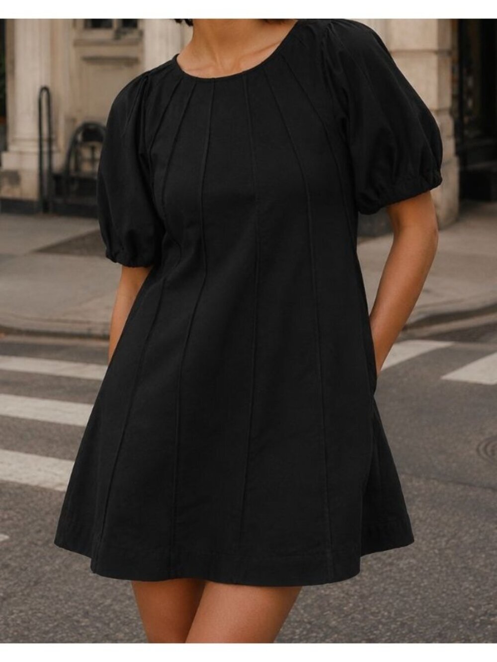 Aureta x Anthropologie Puff-Sleeve Seamed A-Line Dress Size XS Black